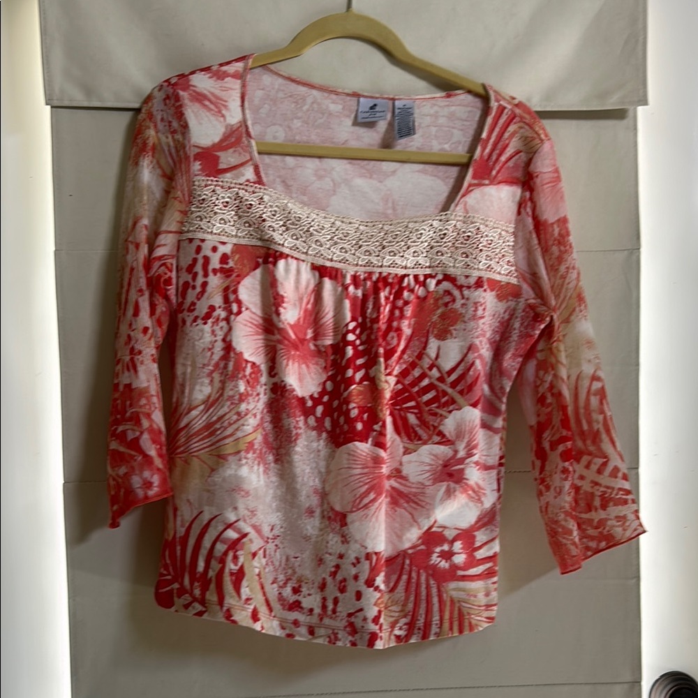 Floral Lace Trim Women's Top - corals and beiges. Top by Caribbean Joe